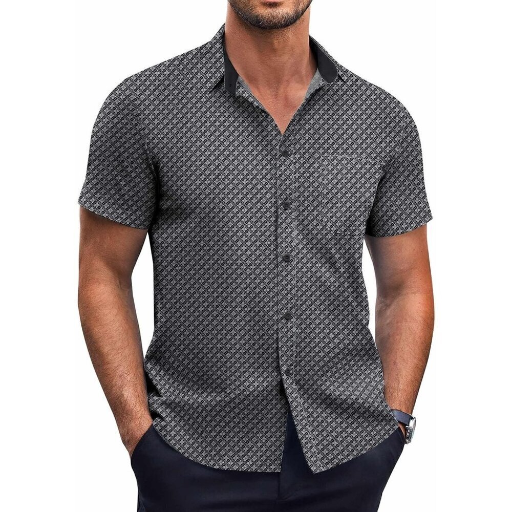 Black windmill  Men Short Sleeve Button Down Wrinkle Free Polka Dot Print Shirt
